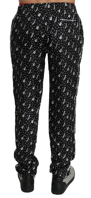 Elegant Black Musical Instrument Print Silk Pants - Luxury for You