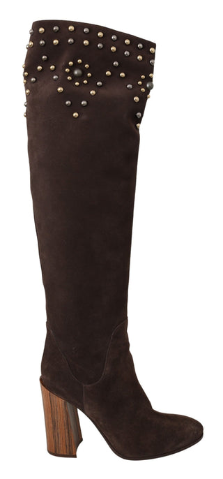 Studded Suede Knee High Boots In Brown - Luxury for You