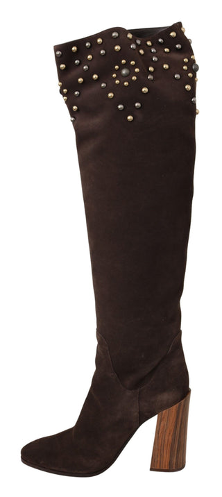 Studded Suede Knee High Boots In Brown - Luxury for You