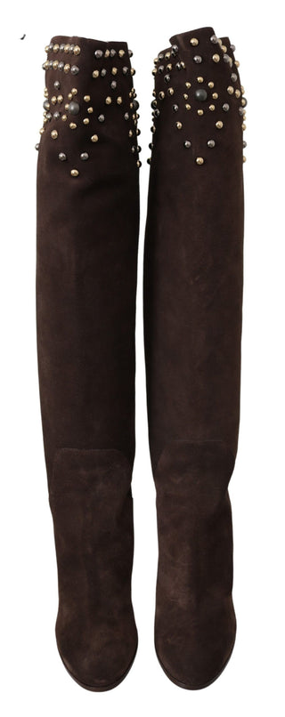 Studded Suede Knee High Boots In Brown - Luxury for You