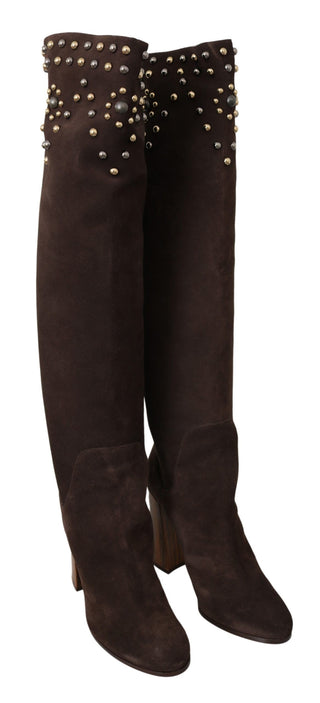 Studded Suede Knee High Boots In Brown - Luxury for You