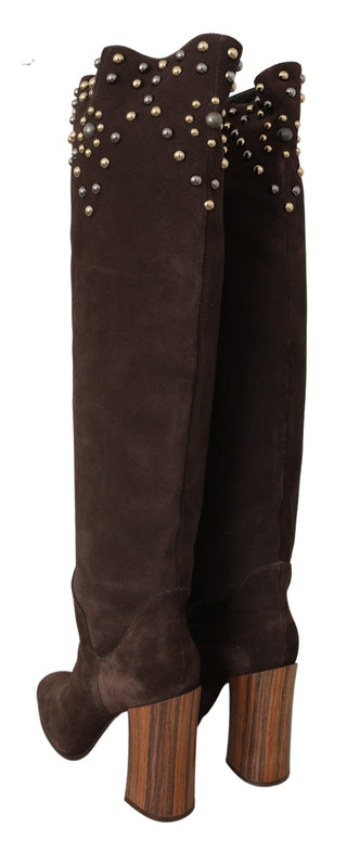 Studded Suede Knee High Boots In Brown - Luxury for You