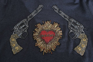 Gray Crystal Heart Gun Motif Sweater - Luxury for You