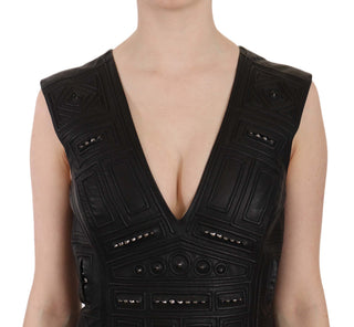 Studded Black Leather Mini Sheath Dress - Luxury for You