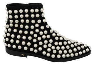 Chic Black Suede Ankle Boots With Pearls - Luxury for You