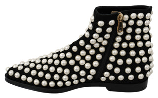 Chic Black Suede Ankle Boots With Pearls - Luxury for You