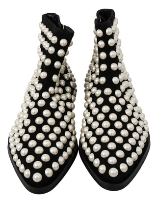 Chic Black Suede Ankle Boots With Pearls - Luxury for You