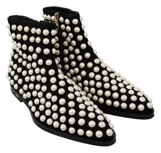 Chic Black Suede Ankle Boots With Pearls - Luxury for You