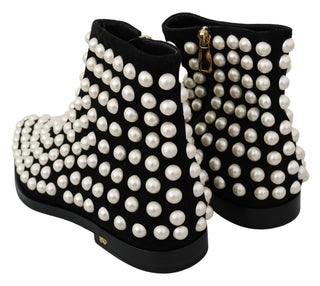 Chic Black Suede Ankle Boots With Pearls - Luxury for You