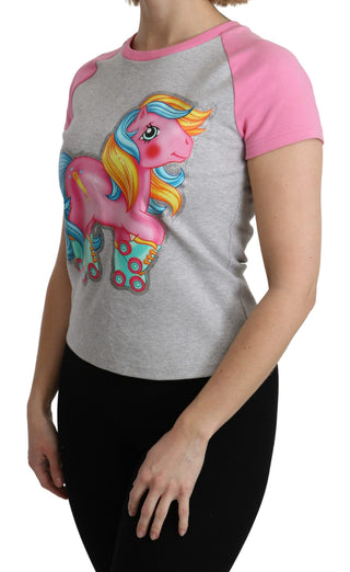 Chic Gray Crew Neck Cotton T-shirt With Pink Accents - Luxury for You