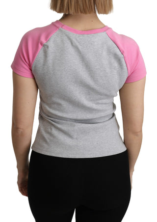 Chic Gray Crew Neck Cotton T-shirt With Pink Accents - Luxury for You