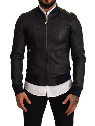 Elegant Leather Bomber Jacket In Dark Blue - Luxury for You