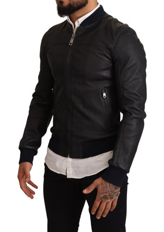 Elegant Leather Bomber Jacket In Dark Blue - Luxury for You