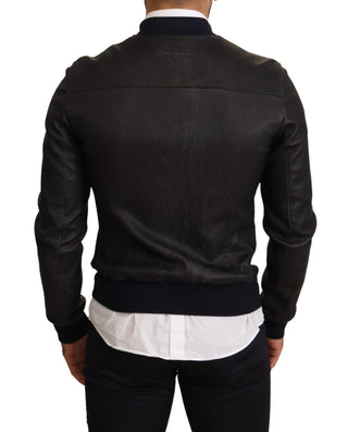 Elegant Leather Bomber Jacket In Dark Blue - Luxury for You