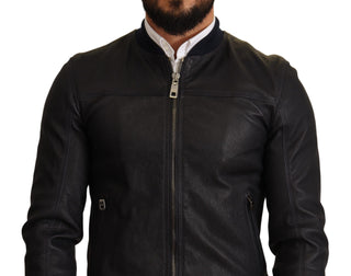 Elegant Leather Bomber Jacket In Dark Blue - Luxury for You