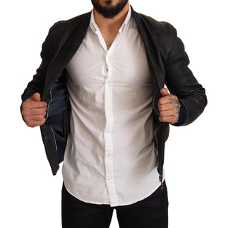 Elegant Leather Bomber Jacket In Dark Blue - Luxury for You