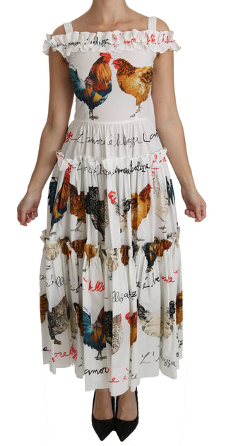 Elegant White Rooster Print Sheath Midi Dress - Luxury for You