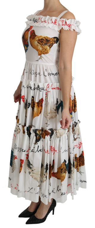 Elegant White Rooster Print Sheath Midi Dress - Luxury for You