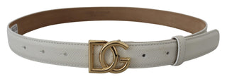 White Leather Gold Dg Logo Buckle Belt Women