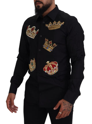 Elegant Black Slim Fit Dress Shirt With Crown Embroidery