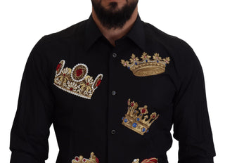 Elegant Black Slim Fit Dress Shirt With Crown Embroidery