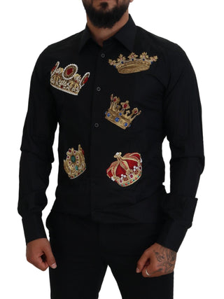 Elegant Black Slim Fit Dress Shirt With Crown Embroidery