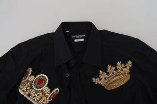 Elegant Black Slim Fit Dress Shirt With Crown Embroidery