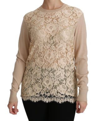 Elegant Beige Lace Crew Neck Cashmere Blouse - Luxury for You