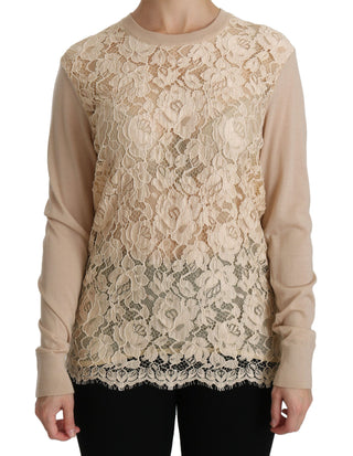 Elegant Beige Lace Crew Neck Cashmere Blouse - Luxury for You