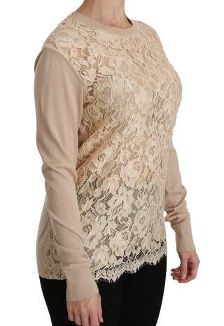 Elegant Beige Lace Crew Neck Cashmere Blouse - Luxury for You