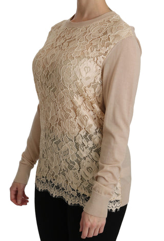 Elegant Beige Lace Crew Neck Cashmere Blouse - Luxury for You