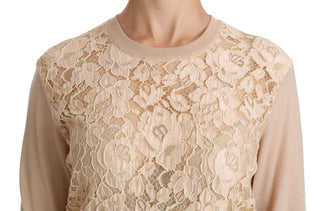 Elegant Beige Lace Crew Neck Cashmere Blouse - Luxury for You