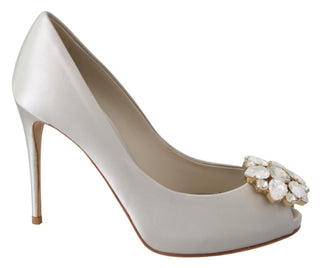 White Crystal Peep Toe Silk Blend Heels - Luxury for You