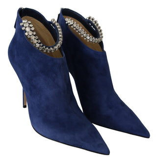 Pop Blue Crystal-strap Heeled Boots - Luxury for You