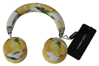 Chic White Leather Headphones With Yellow Print