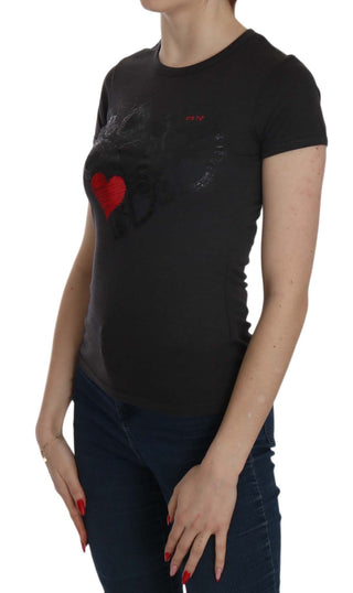 Black Hearts Print Crew Neck Blouse - Luxury for You