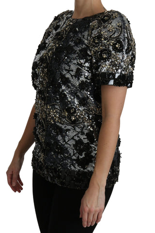 Sequined Crystal Embellished Crew Neck Top - Luxury for You