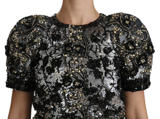 Sequined Crystal Embellished Crew Neck Top - Luxury for You