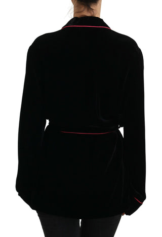 Elegant Black Silk-blend Jacket With Waist Belt