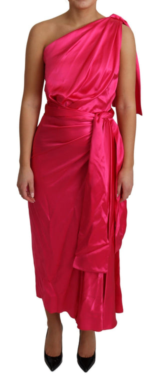 Elegant Fuchsia Silk One-shoulder Wrap Dress - Luxury for You