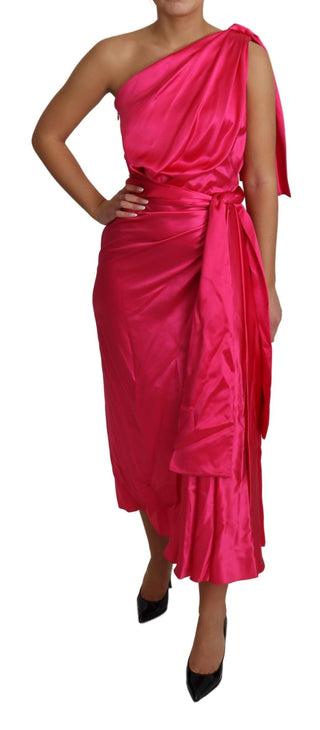 Elegant Fuchsia Silk One-shoulder Wrap Dress - Luxury for You