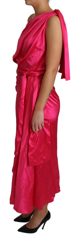 Elegant Fuchsia Silk One-shoulder Wrap Dress - Luxury for You