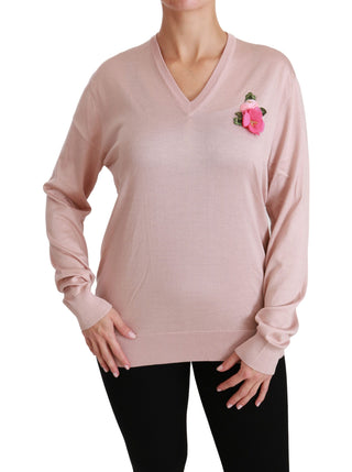 Pink Floral Silk V-neck Sweater - Luxury for You