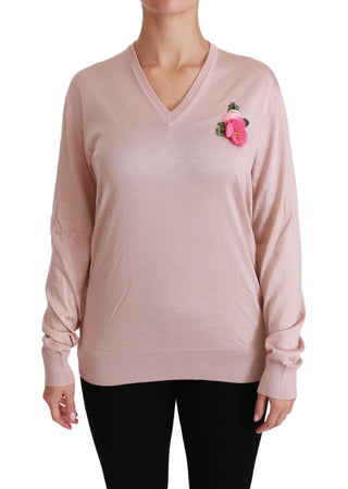 Pink Floral Silk V-neck Sweater - Luxury for You