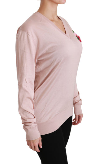 Pink Floral Silk V-neck Sweater - Luxury for You