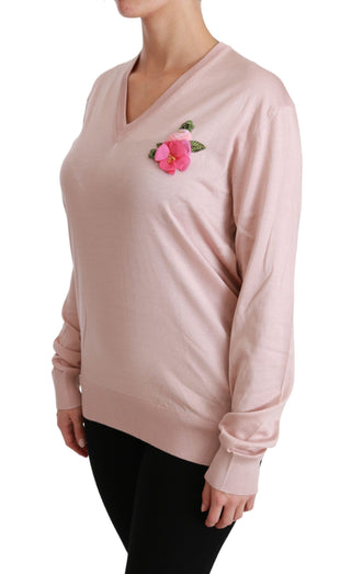 Pink Floral Silk V-neck Sweater - Luxury for You