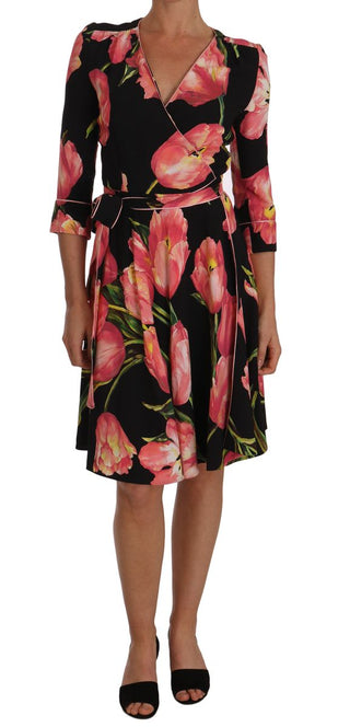 Elegant Black Shift Dress With Pink Tulips Print - Luxury for You