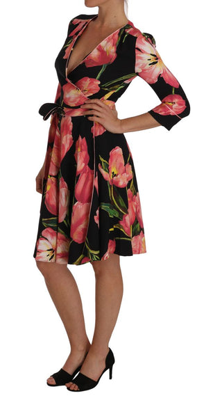 Elegant Black Shift Dress With Pink Tulips Print - Luxury for You