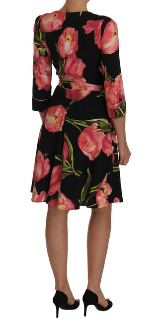 Elegant Black Shift Dress With Pink Tulips Print - Luxury for You