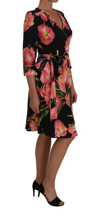 Elegant Black Shift Dress With Pink Tulips Print - Luxury for You